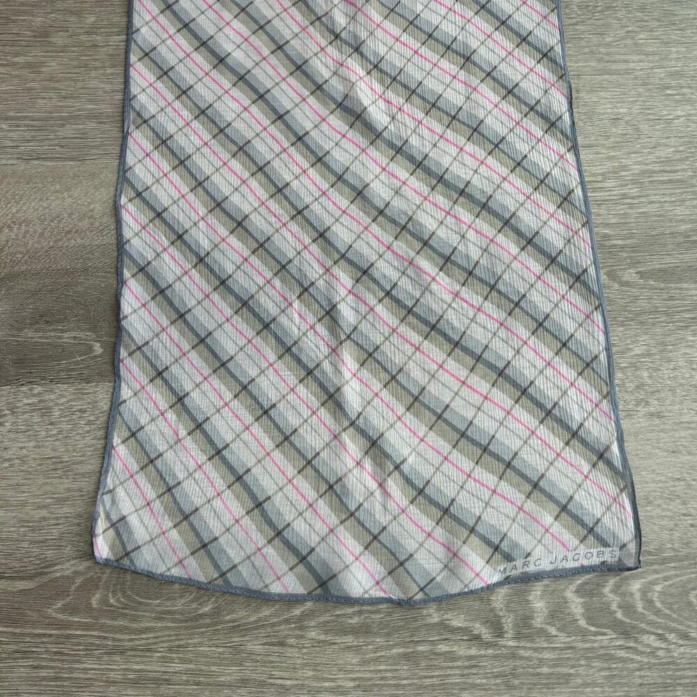 Marc Jacobs Silk Plaid Rectangular Scarf Lightweight Logo Detail - Picture 10 of 12